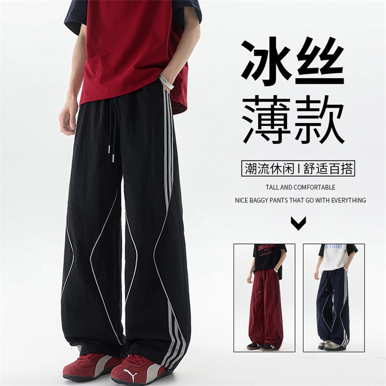 美式高街条纹裤子男夏季冰丝宽松冲锋户外工装伞兵阔腿裤KZ047P55图片