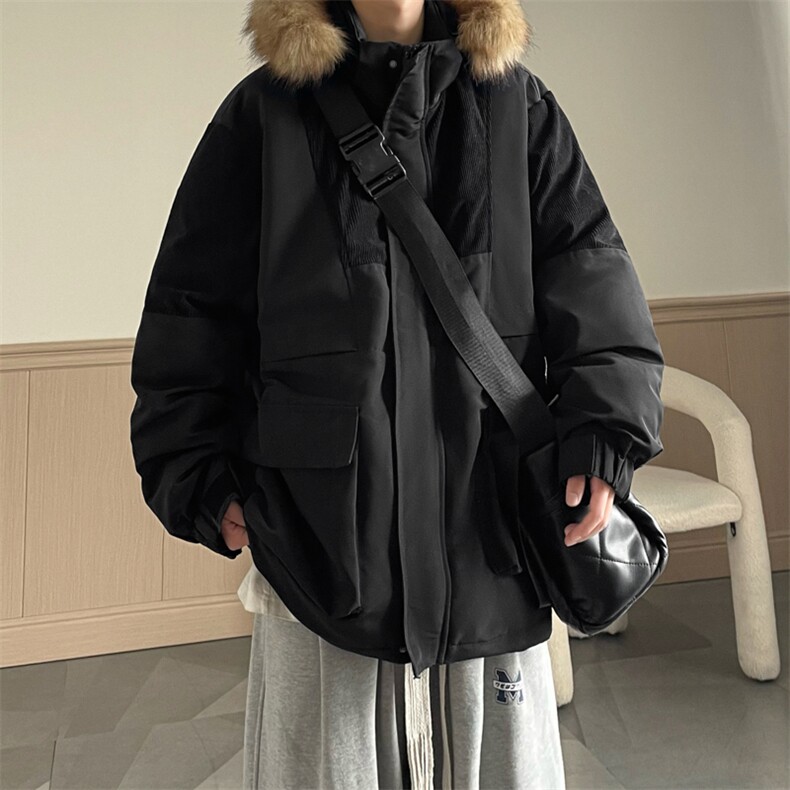 港风2026新品冬季宽松撞色棉服派克服毛领冬装加厚外套D009-P145,男装棉衣,星座717