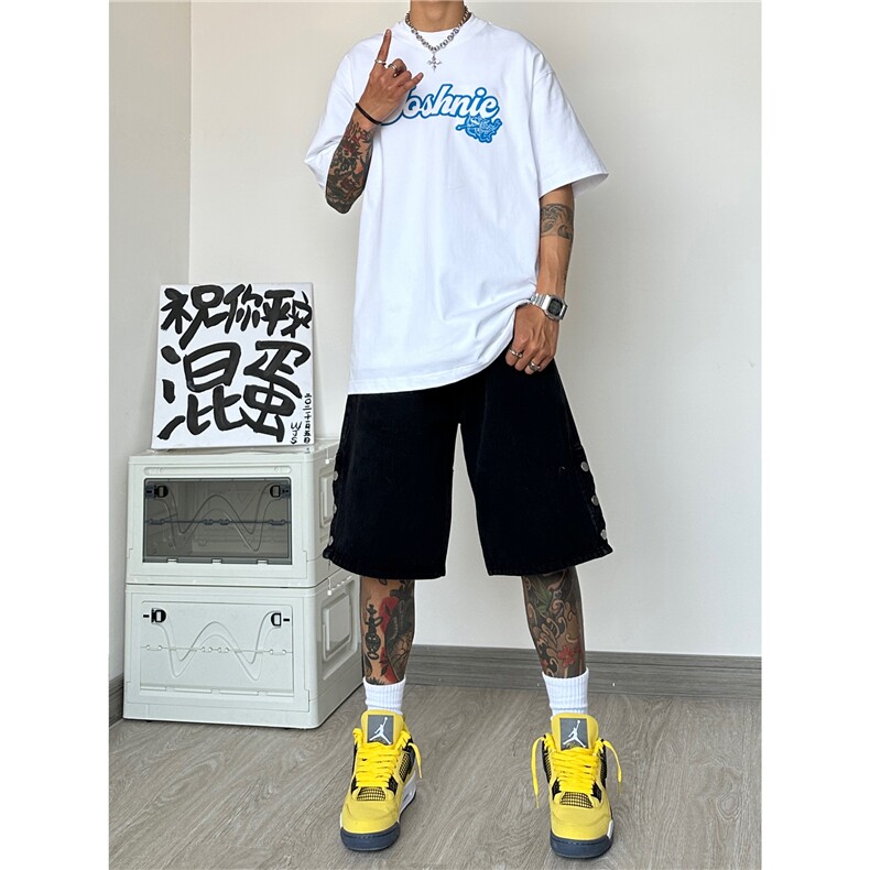 抖音品质新款高街牛仔短裤泥巴黄排扣五分裤B315-K23223-P45控68,男装牛仔裤,电商B315