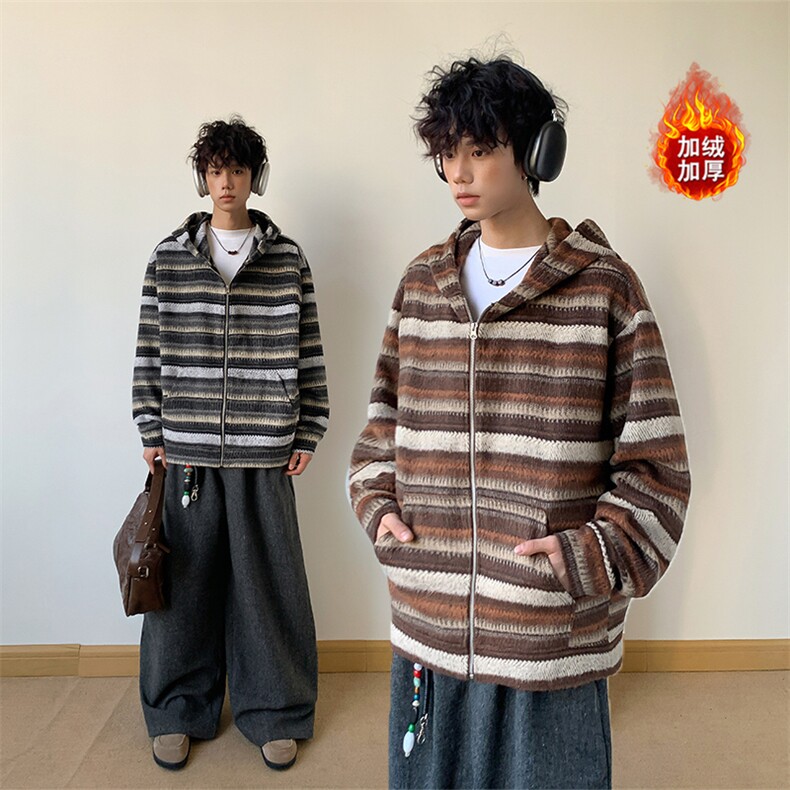 冬季加绒卫衣条纹长袖针织开衫复古潮牌外套5D1193-TP65118,男装卫衣,电商A102