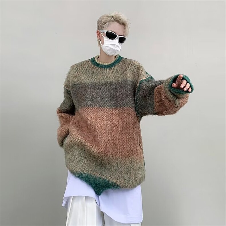 秋冬宽松慵懒风毛衣男2023年新款小众紫色圆领羊毛针织上衣,男装针织衫/毛衣,四季星座218-1
