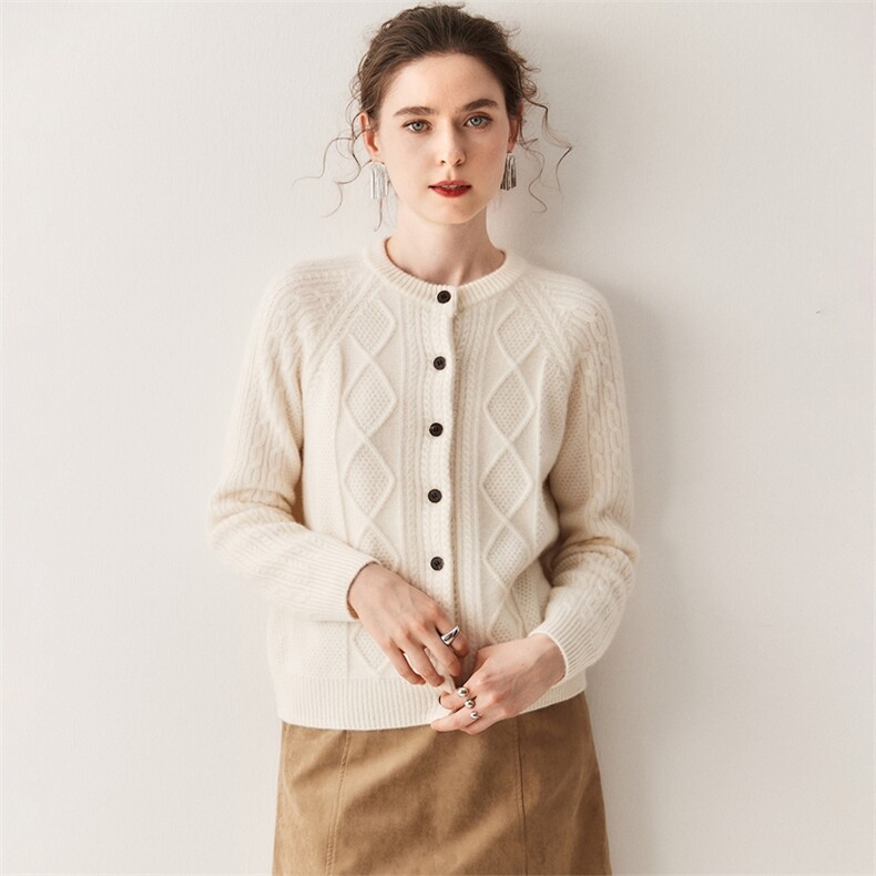 软糯宽松加厚山羊绒开衫女圆领菱形麻花2025秋冬新款针织毛衣外套，女装羊绒衫，绒创羊绒