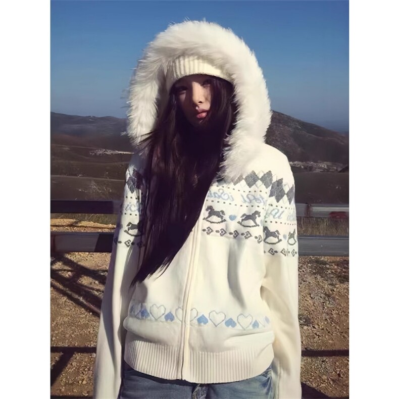 MY9242-P63 费尔岛白色毛领连帽毛衣外套男女秋冬新款慵懒风图片