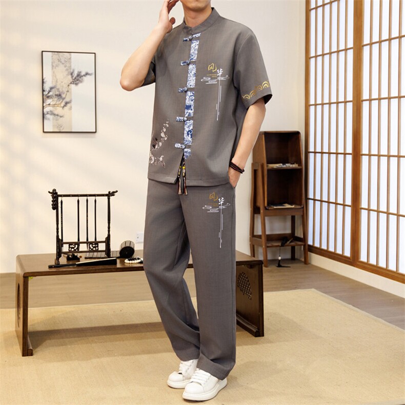 潮风套装男新中式短袖衬衫时尚休闲长裤两件套JZ303-P63,男装休闲套装,星座310B-3