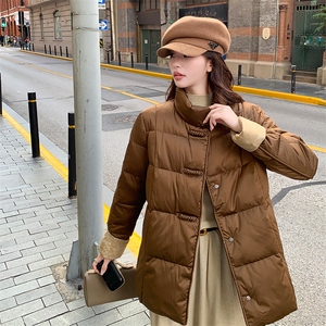 短款立领拼接袖简中式一手长加厚羽绒服女宽松保暖外套图片