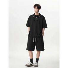 oversize宽松半拉链polo短袖舒适简约抽绳短裤套装T926P55控88，男装牛仔裤，电商A102B