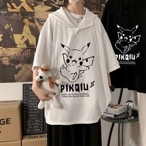 LD54078-P45 NASA连帽短袖t恤男大码胖子带帽五分袖中袖图片