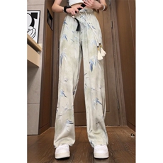 新中式风竹叶印花裤子男薄款冰丝直筒裤休闲裤504-K205-P45控68，男装休闲裤，星座504