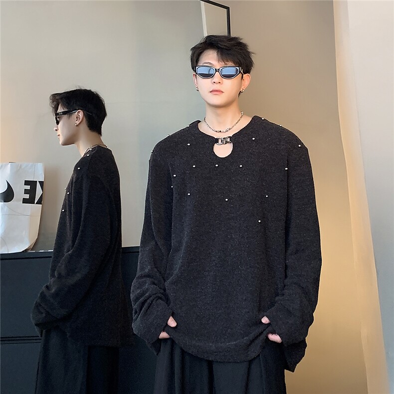 秋季禁欲锁链套头针织衫打底男手工钉珠毛衣M62-48,男装针织衫/毛衣,电商C307