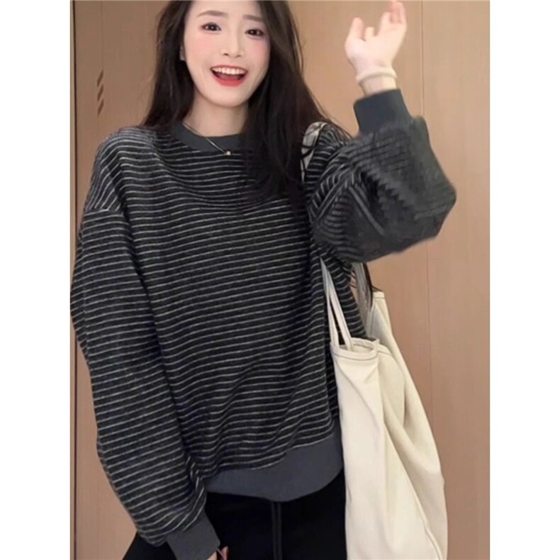 [004]条纹圆领无帽长袖卫衣女秋季新款韩系宽松A079-T507-P42,男装卫衣,电商A079