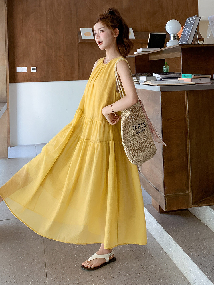 黄色甜美宽松无袖连衣裙女2025夏季新款韩版宽松简约初恋背心长裙,女装连衣裙,浙宝305