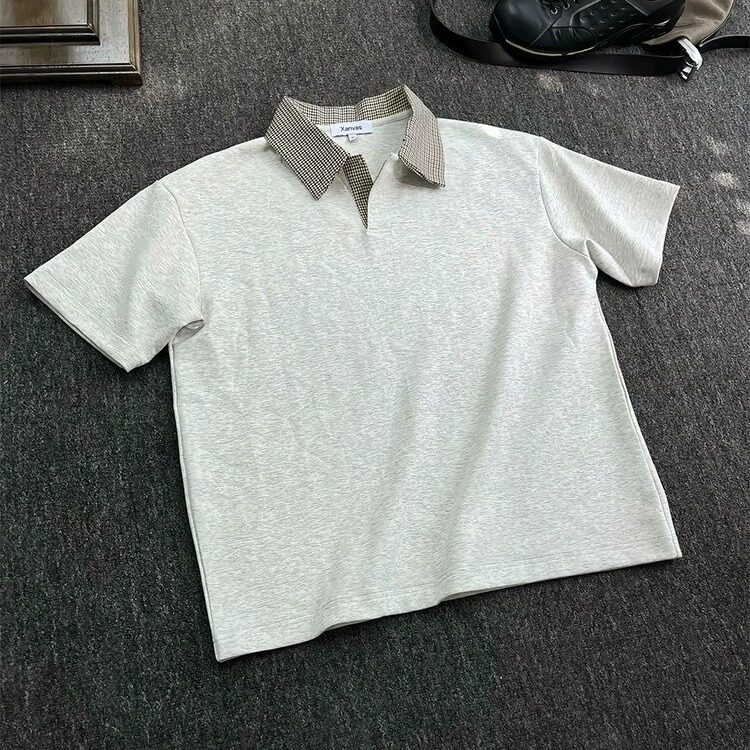 T603-P36假两件拼接格子polo衫短袖男款重磅翻领T恤,男装Polo衫,电商B323A