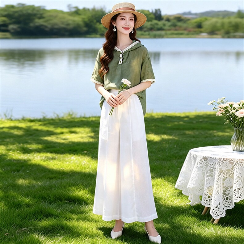 芷墨夏季新款复古通勤松弛百搭套装显高显瘦宽松遮肉上衣阔腿裤女,女装套装/套裙,芷墨服饰