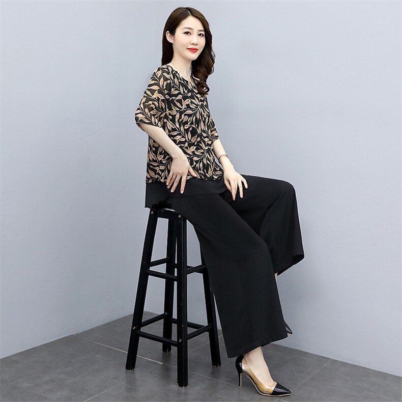 2022夏季新款时尚个性优雅气质圆领舒适休闲裤腿裤两件套,女装套装/套裙,魅影
