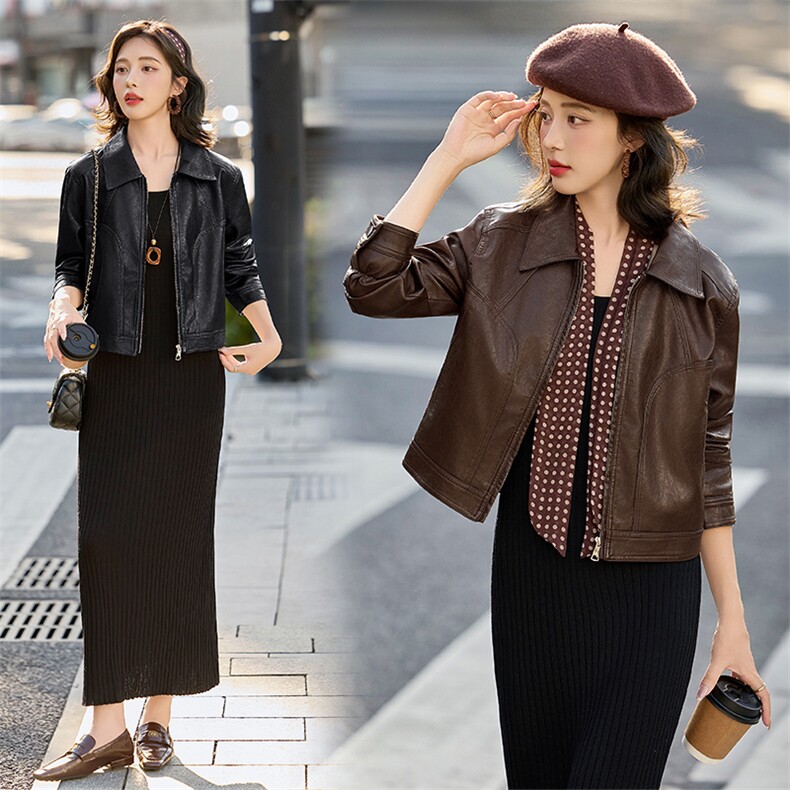 2025海宁秋款皮衣外套女长袖短外套女秋立体小翻领夹克上衣送丝巾，女装皮衣，潮流依族