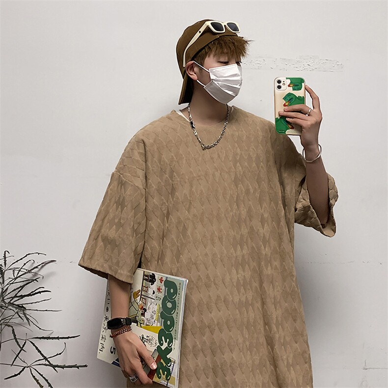 T8043/P30夏季中性风重磅个性菱形格子短袖T恤男大码开叉上衣,男装T恤,电商A141