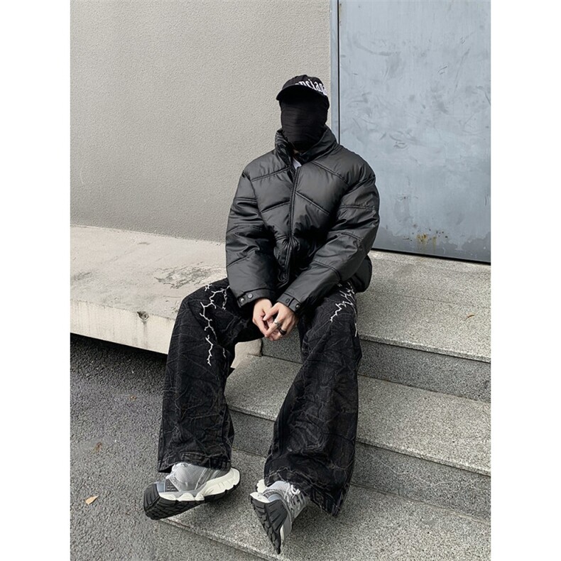 美式复古闪电刺绣直筒牛仔裤男高街vibe嘻哈潮牌宽松拖地休闲长裤,男装牛仔裤,四季星座505