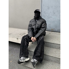 美式复古闪电刺绣直筒牛仔裤男高街vibe嘻哈潮牌宽松拖地休闲长裤，男装牛仔裤，四季星座505