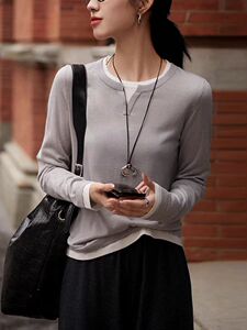 秋冬新款羊毛衫女针织打底衫假两件拼色毛衣长袖显瘦百搭外搭上衣图片