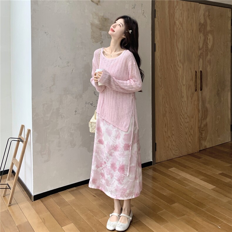 2026春季新款温柔风粉色系带针织衫+碎花吊带裙两件套韩系显瘦,女装套装/套裙,艾米莉亚