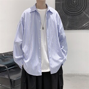 港风宽松休闲条纹百搭潮流长袖衬衫上衣男装D201-DM85-P45图片