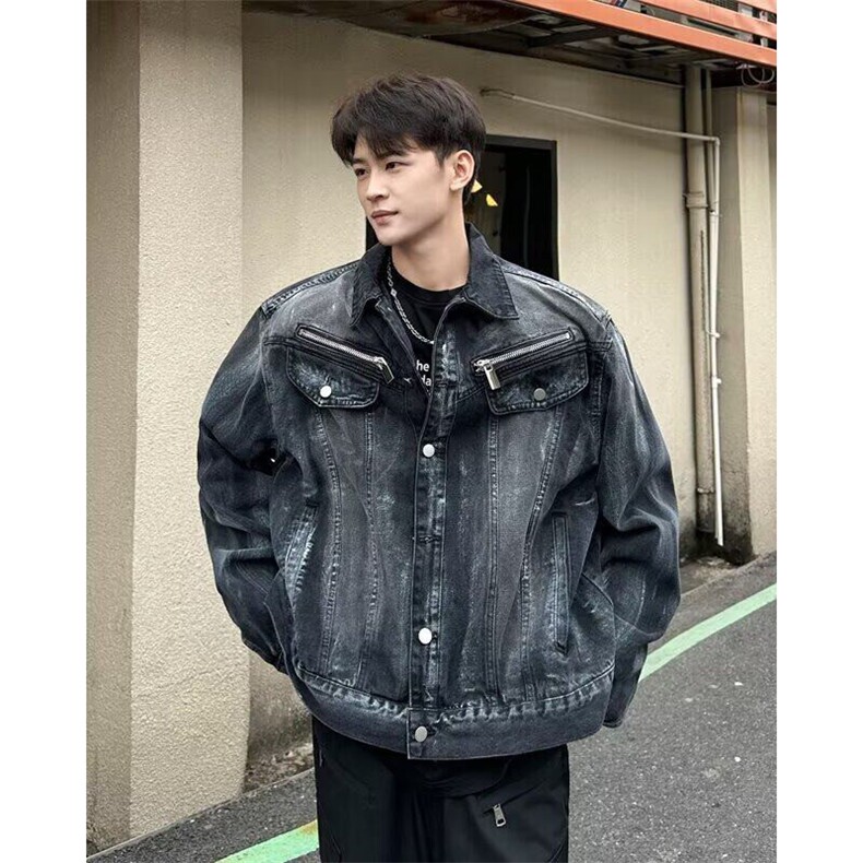 复古垫肩扎染牛仔外套男女小众拉链设计感夹克上衣潮W6390-P90,男装夹克,星座412-3