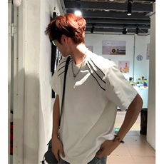 高品质二开240克宽松纯棉美式高街痞帅三杠拉条短袖T恤特P25，男装T恤，电商A486-1