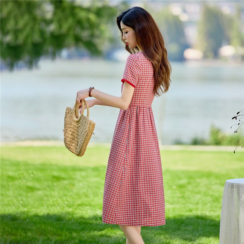 淑女风格纹连衣裙女春夏收腰显瘦中长裙格子裙子,女装连衣裙,水衣源