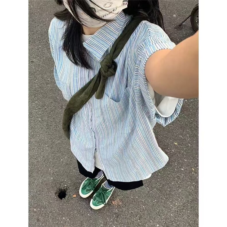 港风街头短袖衬衫夏季半袖上衣条纹宽松百搭开衫衬衣513DC1926P37,男装T恤,星座513
