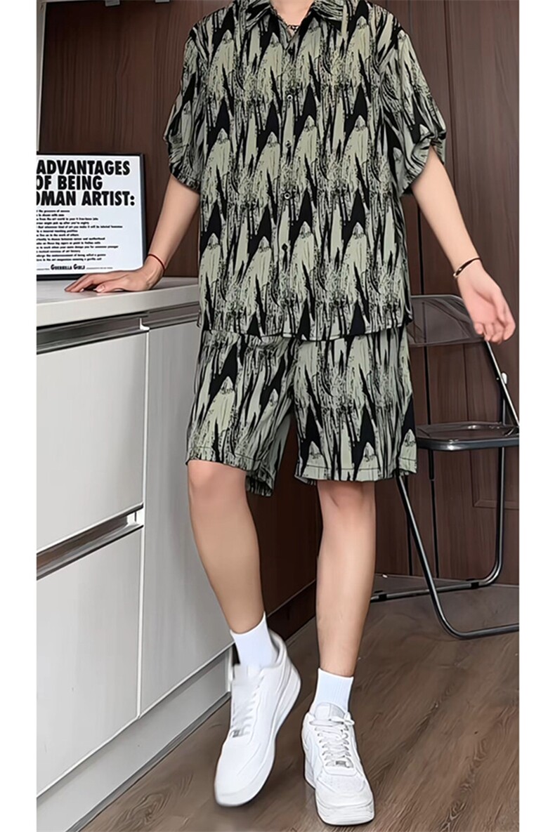 短袖衬衫男+短裤男套装男100%聚酯纤维M-5XL大码TZ78721P50控98,男装牛仔裤,星座226-1