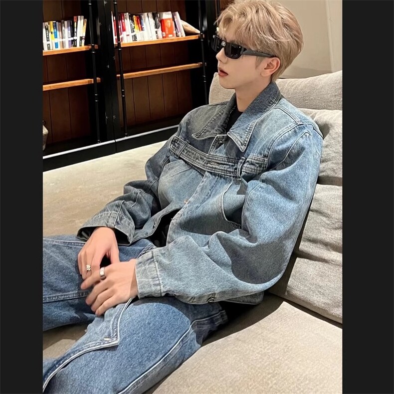 小众设计感复古水洗短款垫肩牛仔外套男金属卡扣拼接夹克JKX619,男装工装外套,星座516A