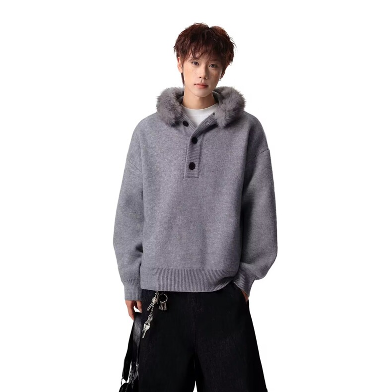 美式复古可拆卸毛领连帽毛衣男秋冬老钱风简约通勤加厚针织衫毛衣，男装针织衫/毛衣，星座813-2