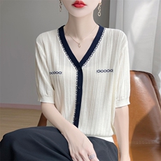 夏季新款莱赛尔天丝小香风V领撞色假开衫女宽松百搭显瘦时尚上衣，女装T恤，暖娇绒包芯纱店