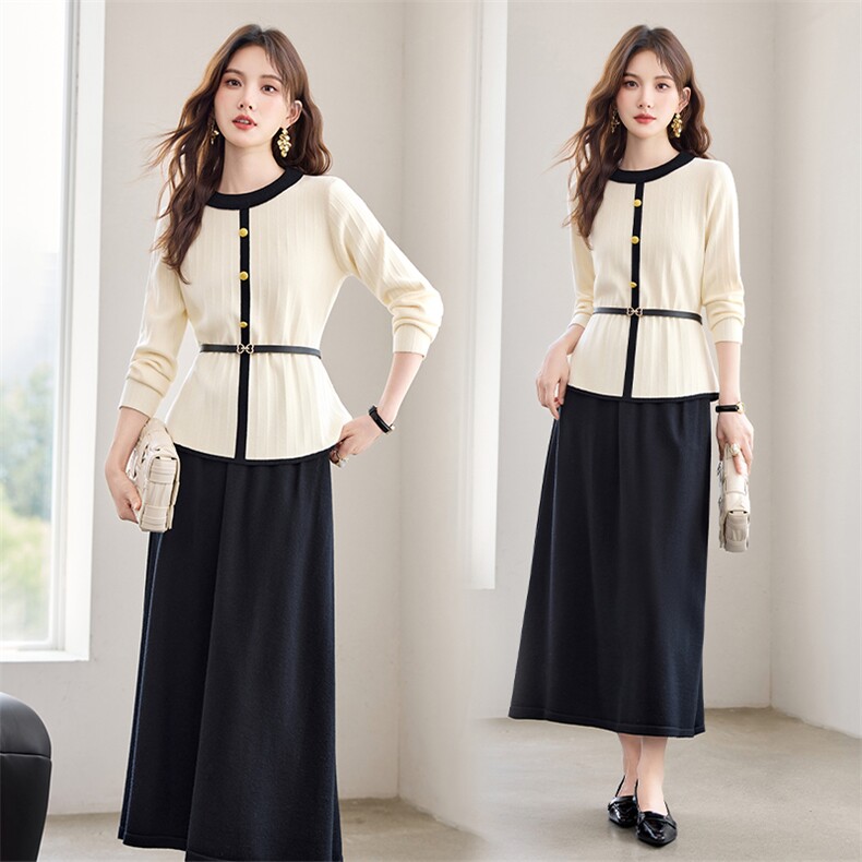 现货！秋季新款休闲简约百搭立体条纹撞色款圆领洋气两件套裙女，女装套装/套裙，央宝儿