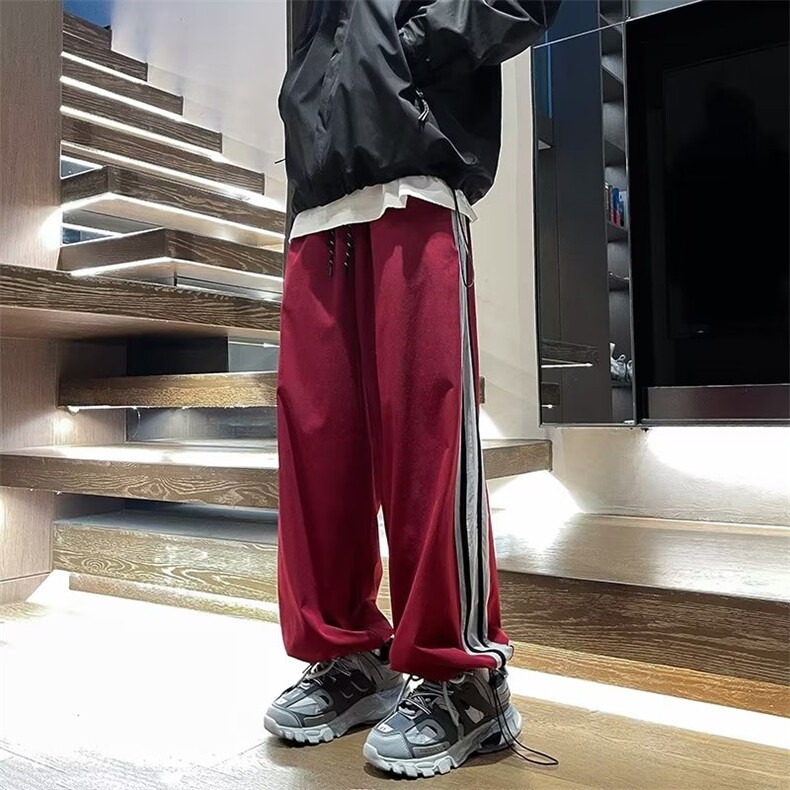 美式条纹休闲裤潮牌高街设计感直筒阔腿裤速干运动裤子AK77-P35,男装休闲裤,星座1008