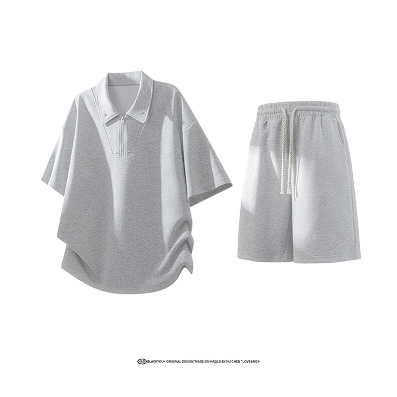 文艺风POLO领短袖套装抽绳短裤宽松cityboy休闲套装T926P55控88,男装牛仔裤,电商A102B
