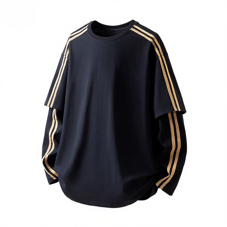 可二开假二件袖子织带设计纯色大码M-5XL长袖T恤男CX78112P42控68，男装T恤，星座227-7