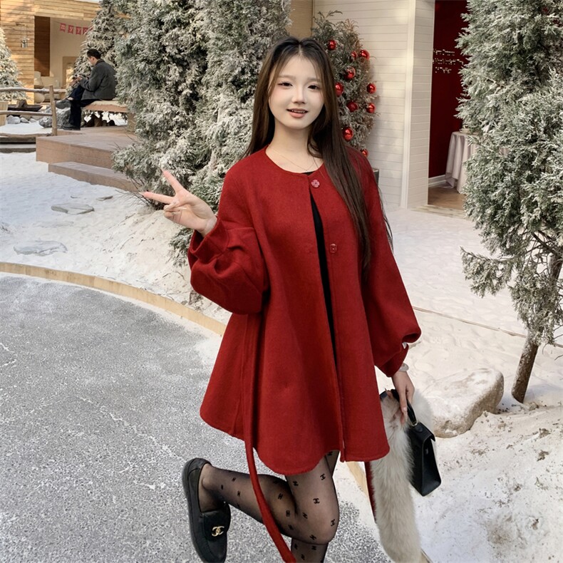 现货新款圣诞款2176-P350-K520双面羊绒大衣配围脖,女装双面呢大衣,网红馆
