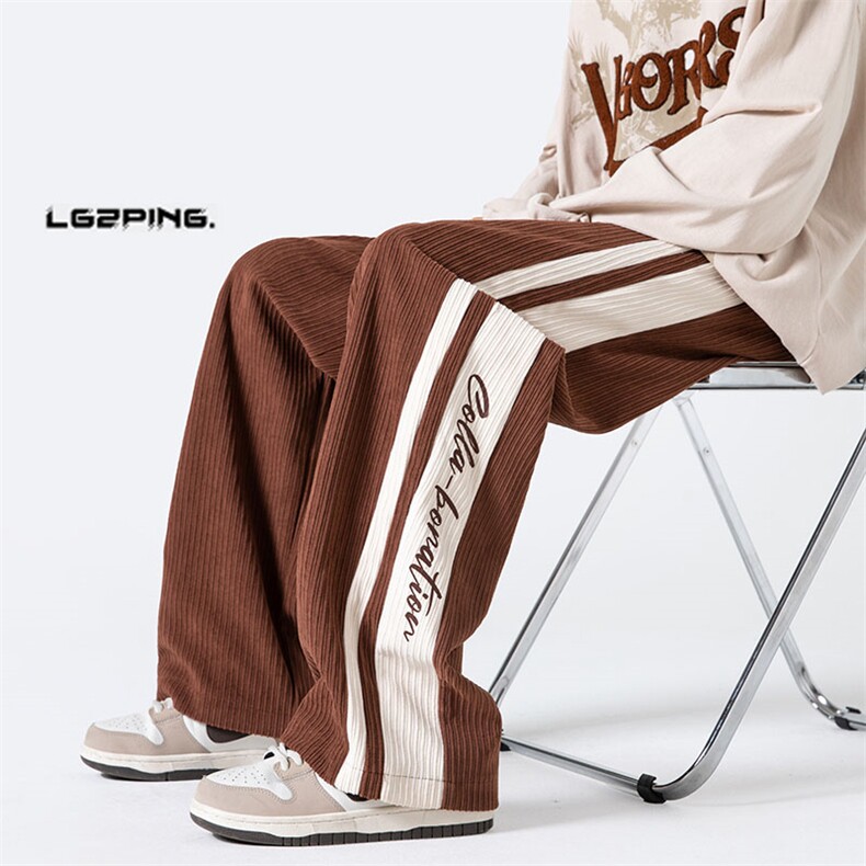K8811P50光影墙秋季灯芯绒美式高街运动裤撞色拼接大码直筒，男装休闲裤，电商A026-1