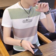 夏季休闲T恤男五分袖短袖男圆领卫衣彩色多线条纹绿T9510，男装T恤，星座1207