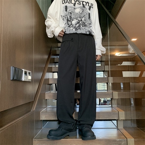港风秋款男西裤侧边织带休闲裤宽松直筒坠垂感长裤h955 P45图片