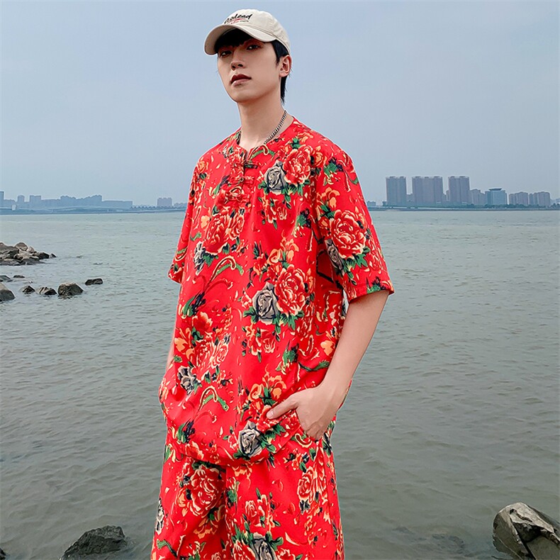 TZZ风盘扣T恤裤子大码团队服东北大花套装男女表演出新中式服图片