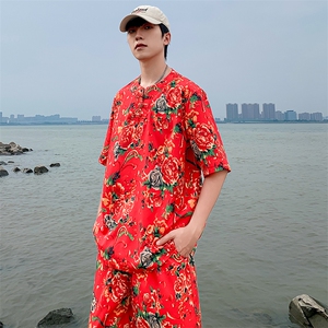 TZZ风盘扣T恤裤子大码团队服东北大花套装男女表演出新中式服图片