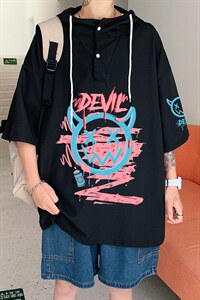 LD54178-P45 连帽短袖t恤男大码胖子带帽五分袖中袖图片