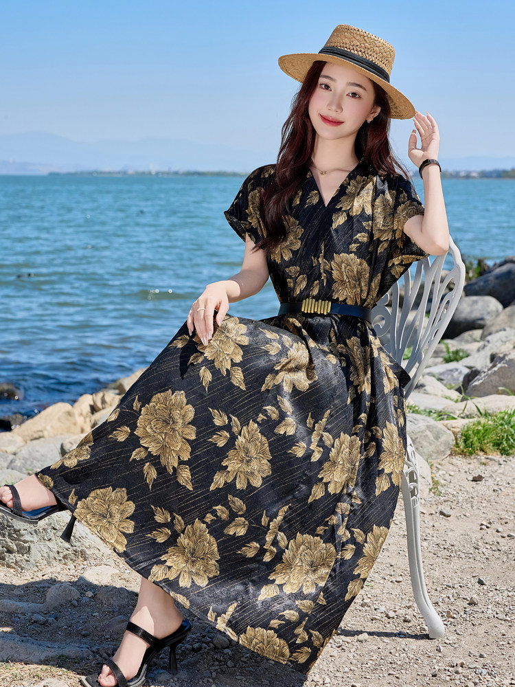 年轻妈妈夏装连衣裙2025新款中老年女装贵夫人夏季印花收腰裙子,女装连衣裙,简古