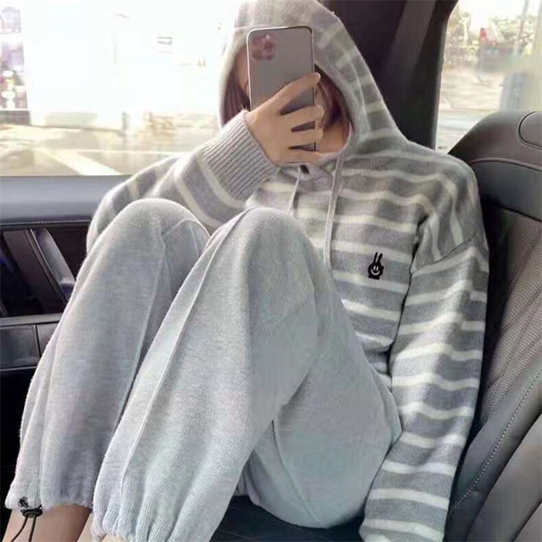 新款条纹套头针织衫女宽松慵懒风长袖上衣韩版百搭，女装针织衫/毛衣，千御纺羊绒