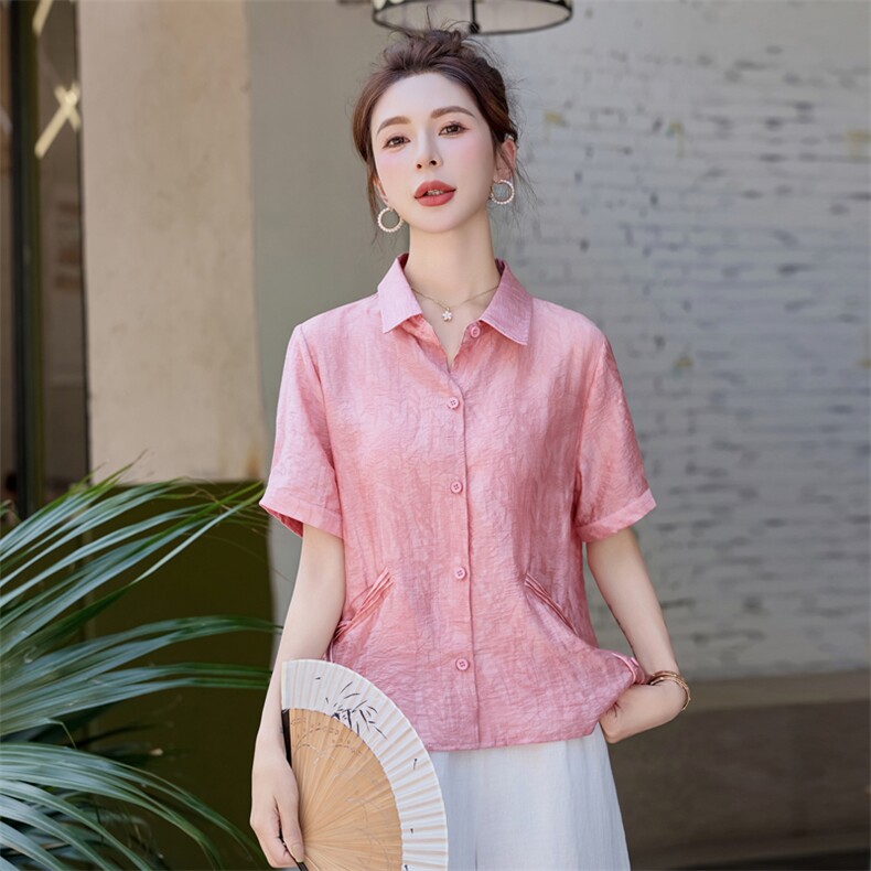 莱赛尔天丝提花短袖衬衫女2025夏季新款气质翻领洋气减龄小衫上衣,女装衬衫,余墨