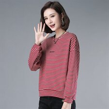 2021年春季自主图通勤套头长袖条纹卫衣女字母印花，女装卫衣/绒衫，伊满意