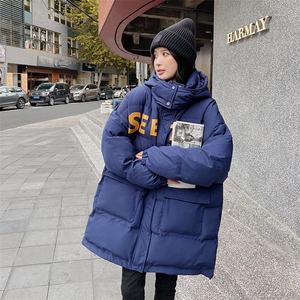 蓝色羽绒棉服女冬季2025新款宽松中长款加厚面包服小个子棉袄外套图片