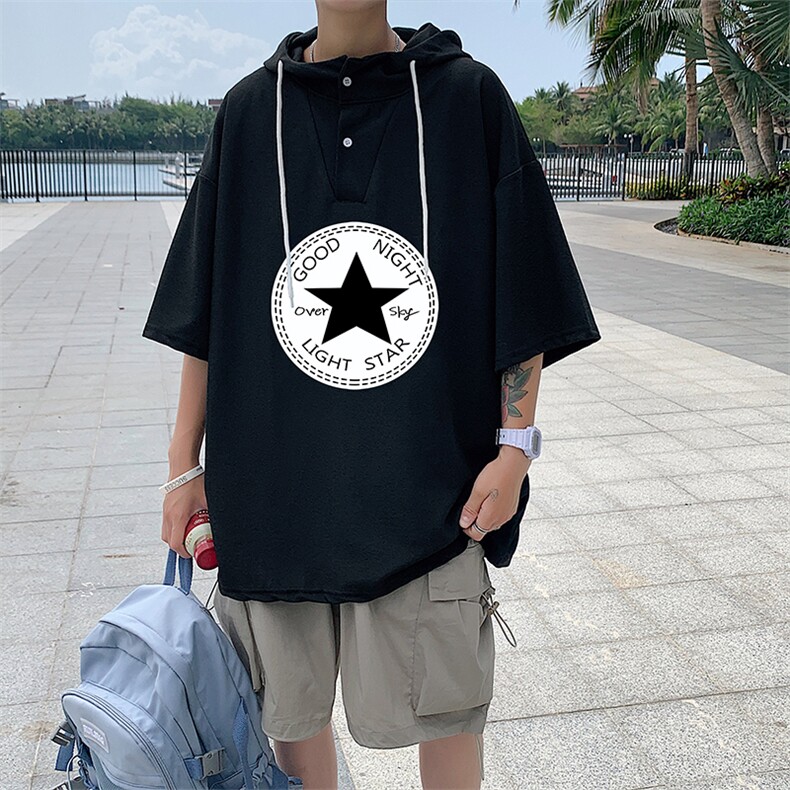 LD54008-P45连帽短袖t恤男大码胖子带帽五分袖中袖,男装T恤,电商A040